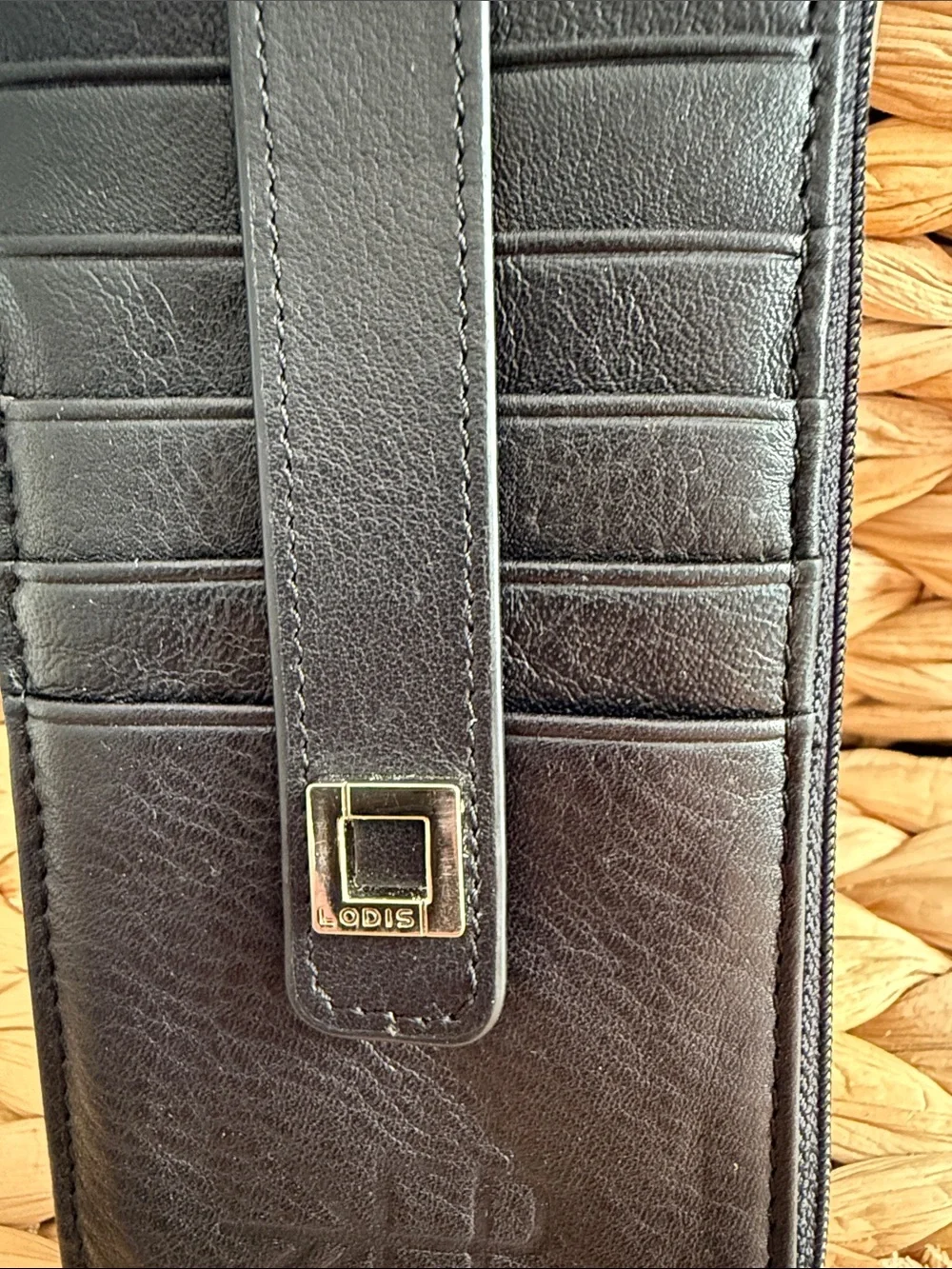 Lodis Black Leather Zip Card Holder with Strap and Silver Buckle